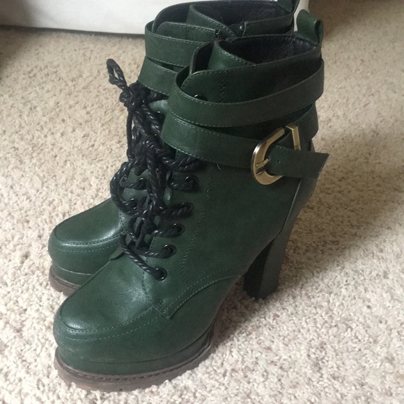 Dark army green, zip up, heeled platform boots - Picture 4 of 6